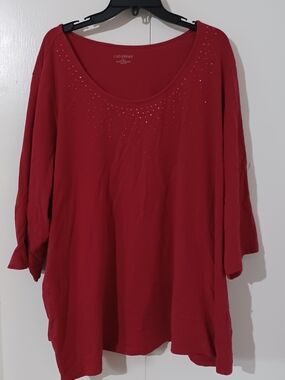 Catherines Red Scoop Neck Long Sleeve Top with Rhinestone Detail